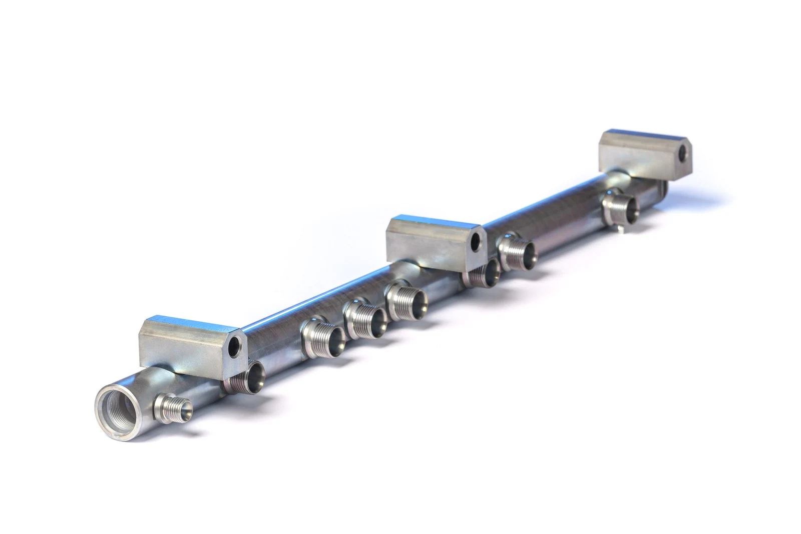 Distributor rail with threaded fittings and mounting blocks welded along the tube.